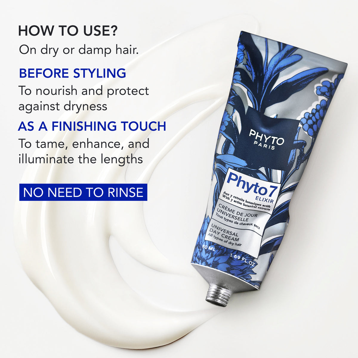 PHYTO 7 Elixir Universal Day Cream hair care product with usage instructions on a white background